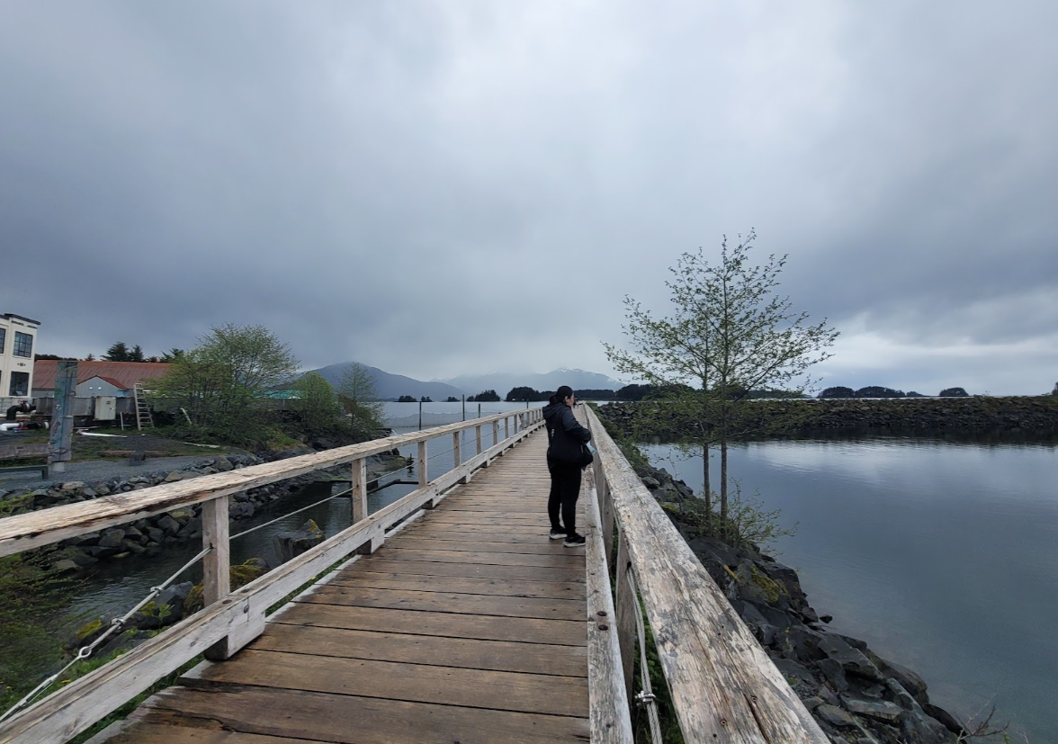 A wooden waterfront walkway in Alaska beneath a cloudy sky